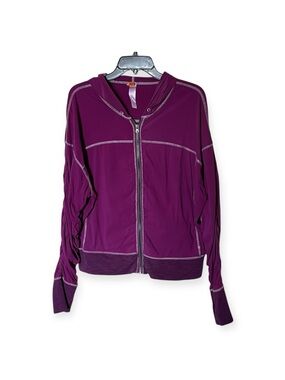 Lucy Dark Berry Hooded Athletic Zip Front Ruched sleeves Track Jacket Size XL